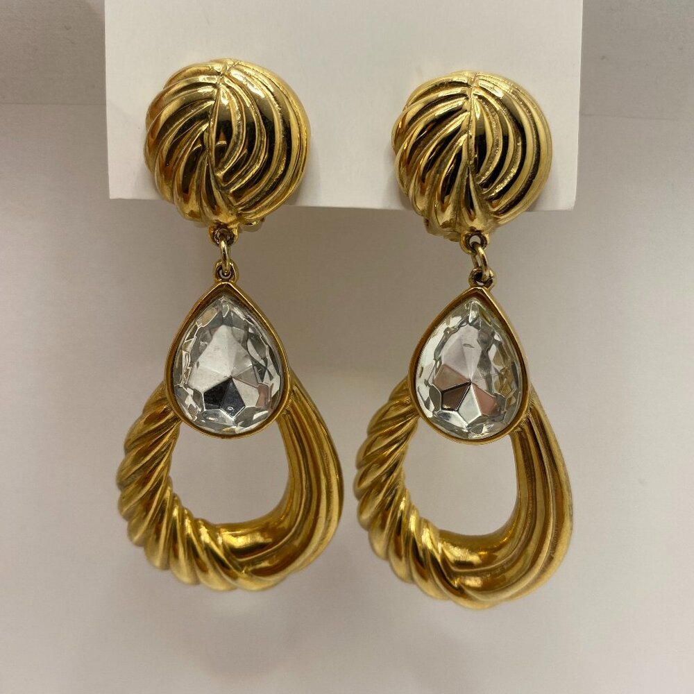Vintage Gold Tone Dangling Earrings with Clear Stone Maximalist Glam Formal